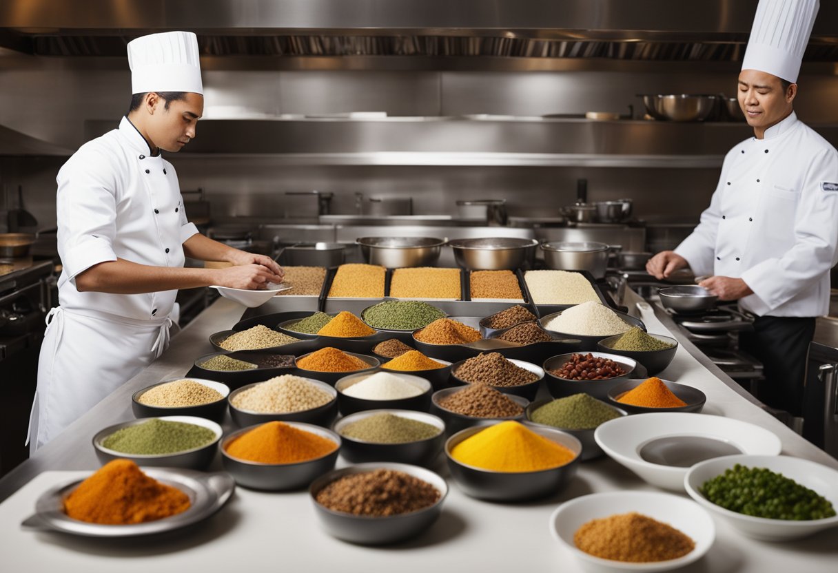 A chef preparing a fusion dish, surrounded by Indian and Chinese spices and ingredients, with a stack of recipe books labeled "Frequently Asked Questions."