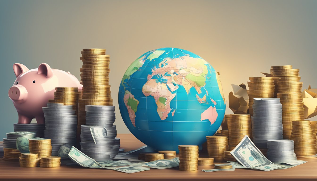 A piggy bank with a world globe design sits on a desk, surrounded by stacks of coins and currency from various countries