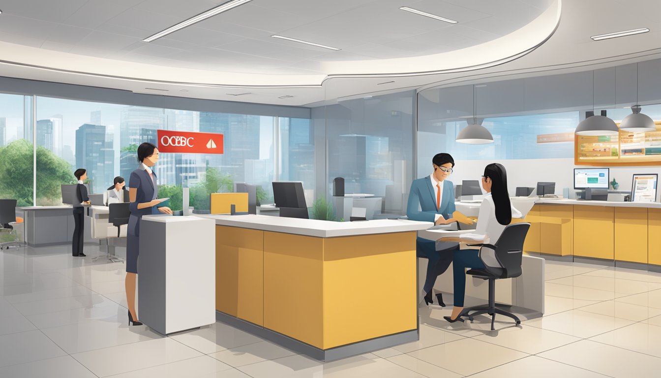 The scene is set in a modern bank branch with the OCBC logo prominently displayed. A customer service representative is assisting a client with opening a Global Savings Account. The atmosphere is professional and efficient, with a focus on international banking services
