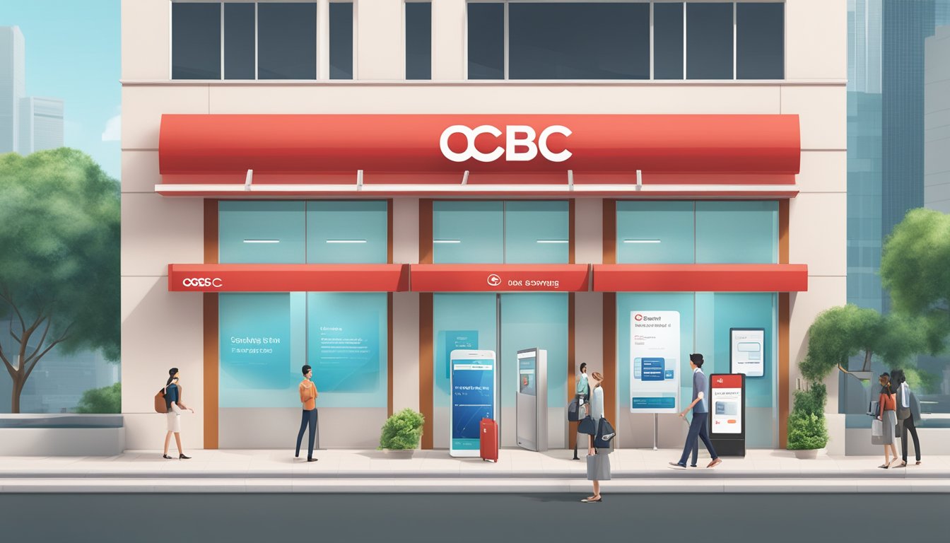 The scene shows a modern bank branch with a sign displaying "OCBC Global Savings Account Singapore." The branch features sleek, minimalist design and digital screens showcasing the account's benefits and features