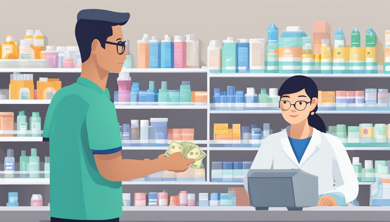 A person at a pharmacy counter in Singapore, handing over cash to purchase inhalers