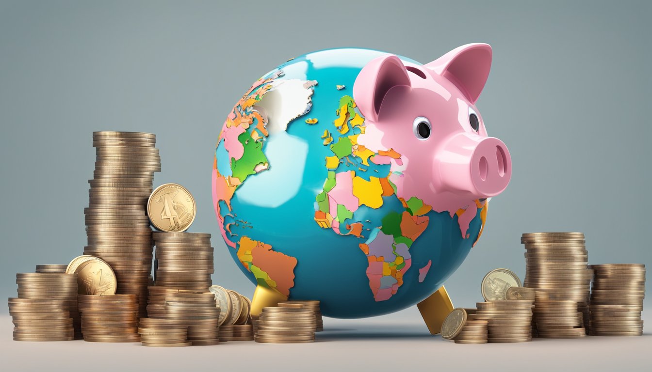 A piggy bank sits on a globe, surrounded by stacks of coins from different countries. A magnifying glass hovers over the bank, symbolizing a close examination