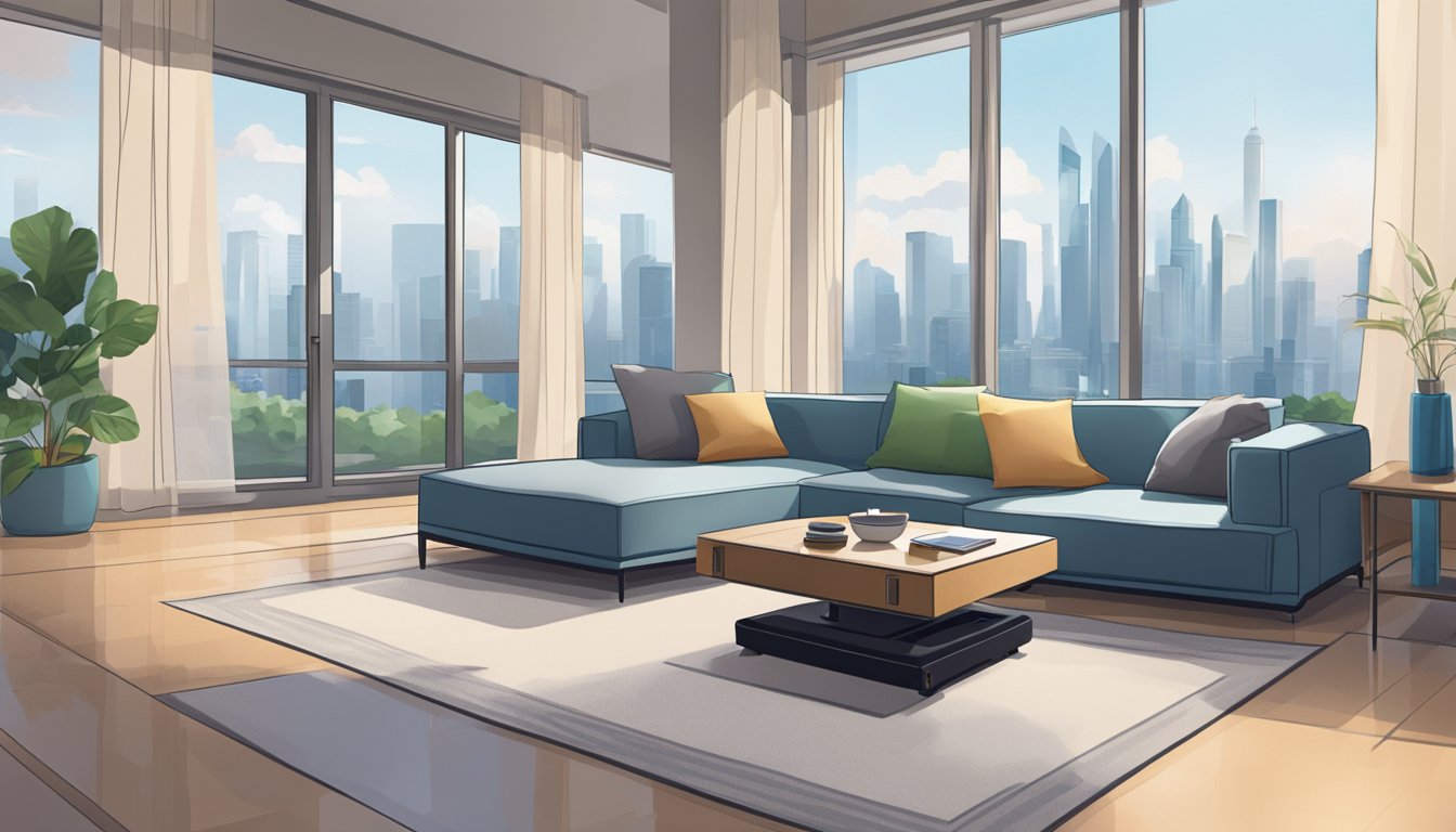 A modern living room with a sleek iRobot vacuuming the floor. A Singaporean skyline is visible through the window
