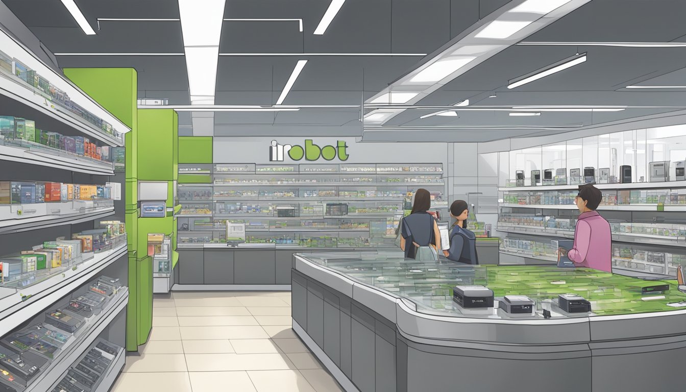 A bustling electronics store in Singapore showcases iRobot products on sleek shelves, with eager customers browsing the latest models