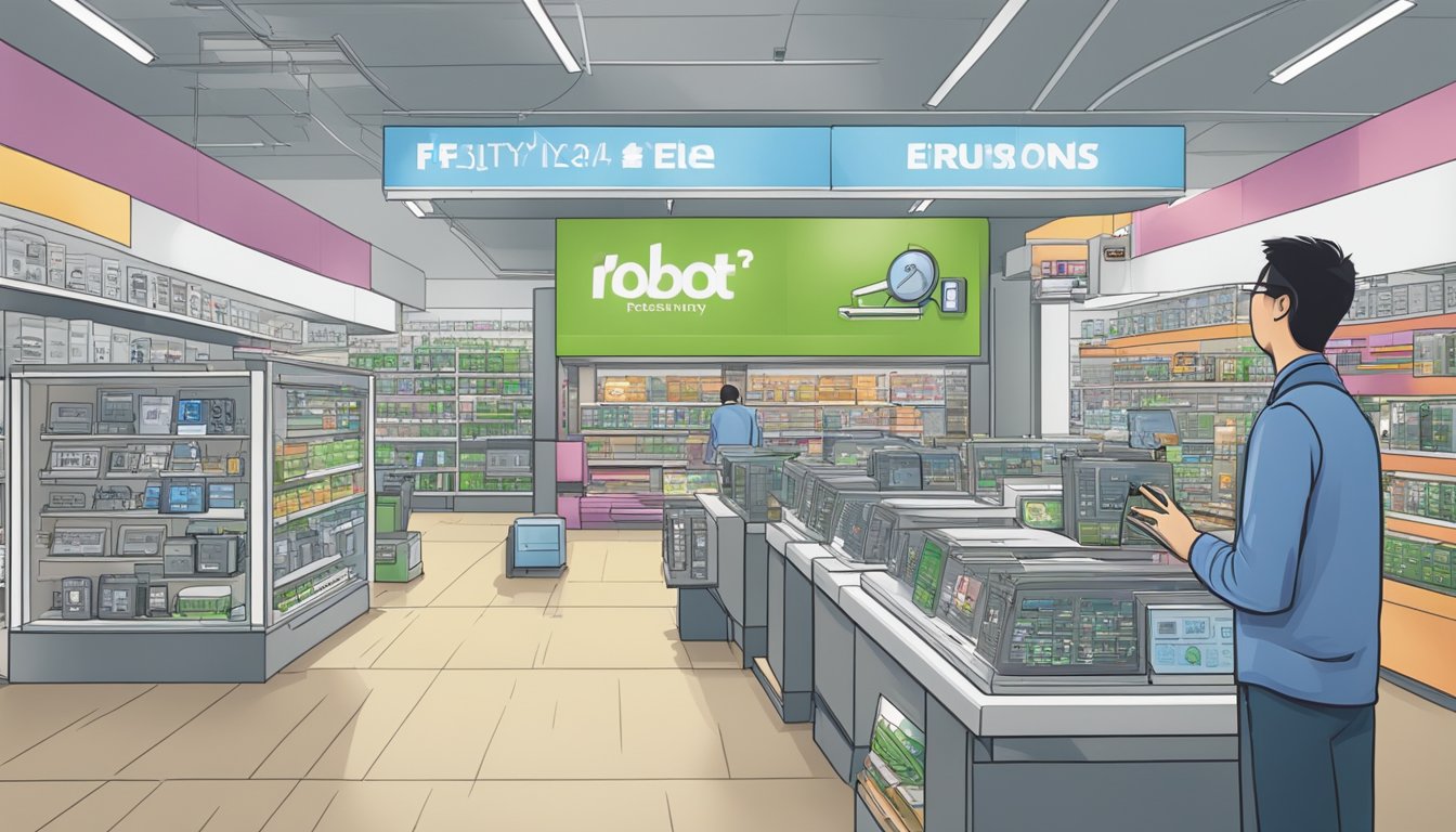 A bustling electronics store in Singapore displays iRobot products with a prominent "Frequently Asked Questions" sign