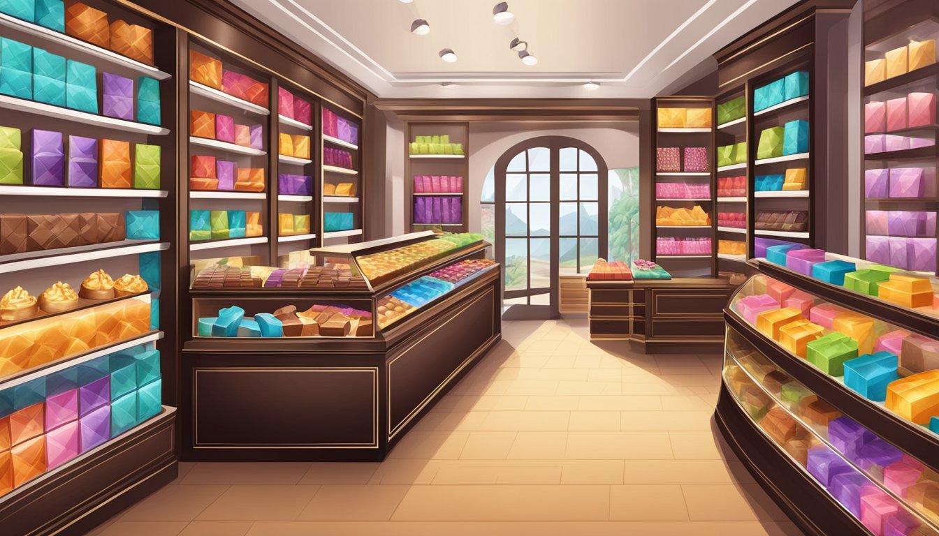 A bright, modern chocolate shop with shelves filled with colorful packages and a display case showcasing a variety of decadent chocolates