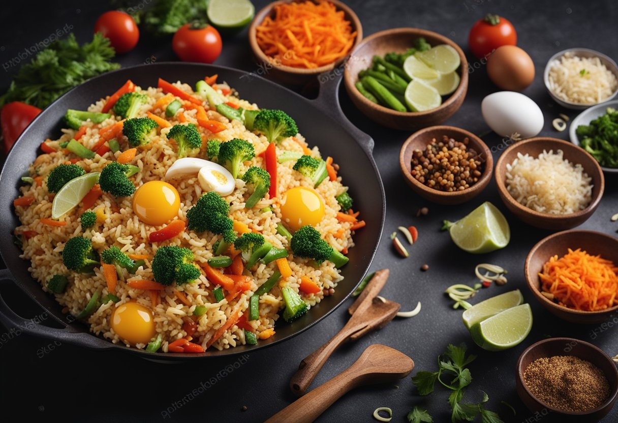 A wok sizzles with stir-fried rice, mixed with colorful vegetables, eggs, and savory Indian Chinese spices