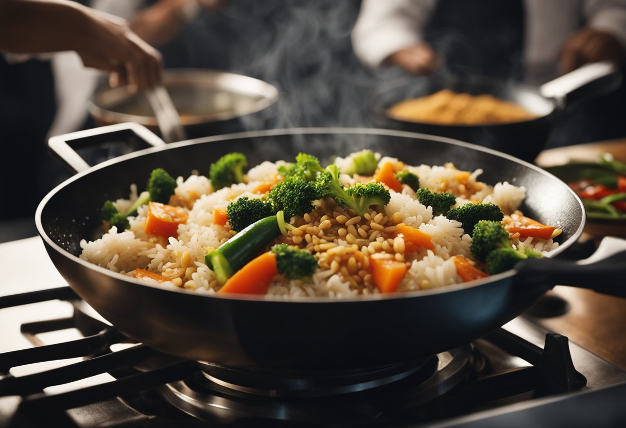A wok sizzles with rice, veggies, and aromatic spices. A chef adds soy sauce and tosses the ingredients with skill