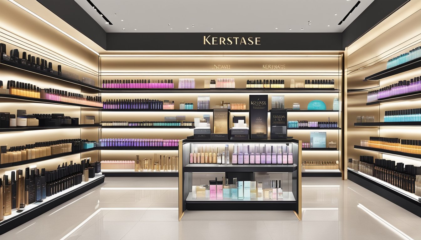A chic, modern beauty store in Singapore displays a range of Kerastase hair products on sleek, well-lit shelves