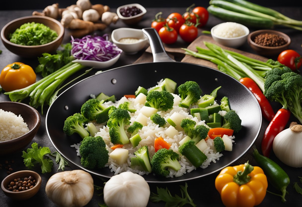 Fresh vegetables sizzle in a wok as fragrant spices fill the air. Rice is tossed in, followed by soy sauce and other savory ingredients