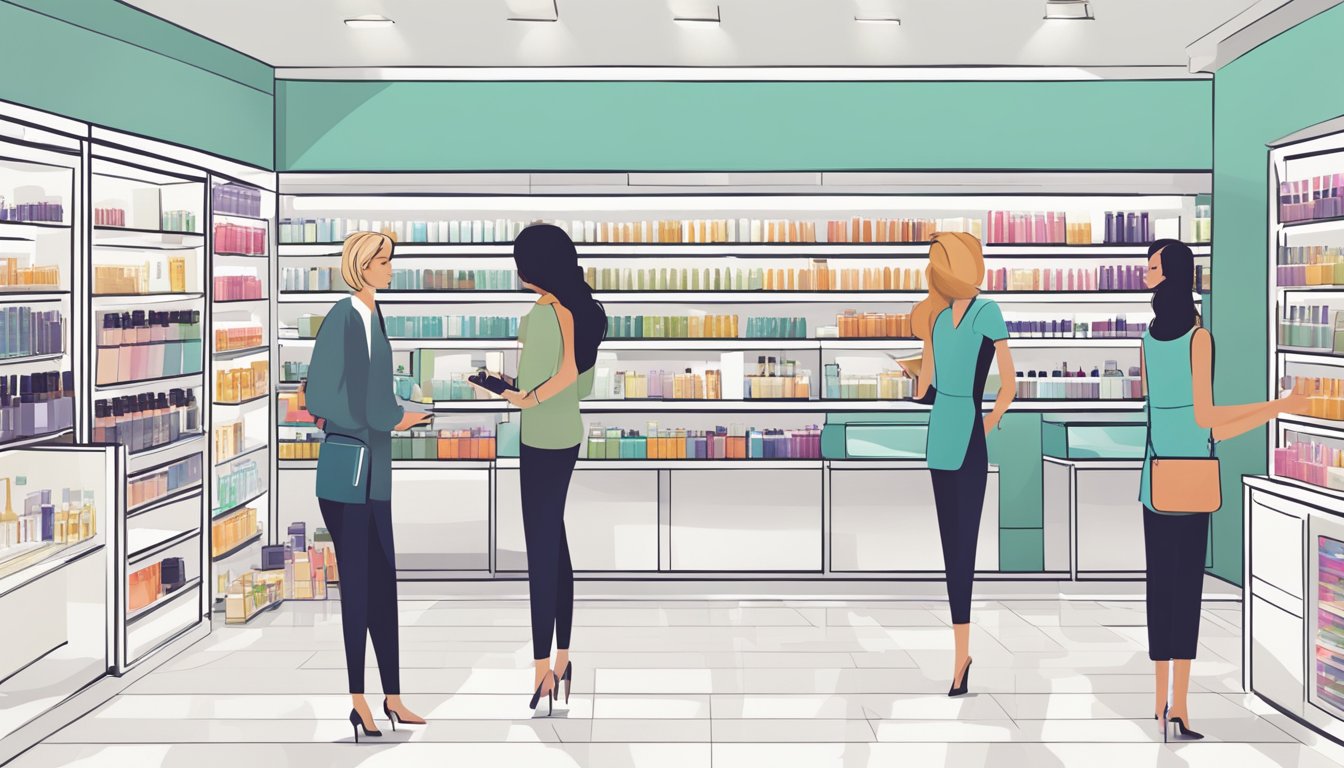 A bright, modern store with shelves stocked with Kerastase hair products. A knowledgeable salesperson assists a customer in choosing the perfect haircare solution