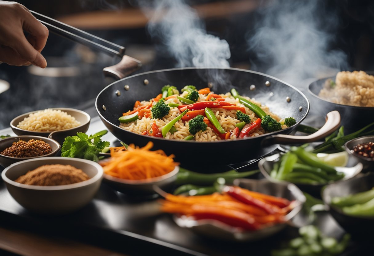 A sizzling wok tosses vibrant veggies, tender rice, and aromatic spices, creating an enticing aroma that fills the air. Soy sauce and chili paste are carefully added, infusing the dish with a burst of flavor