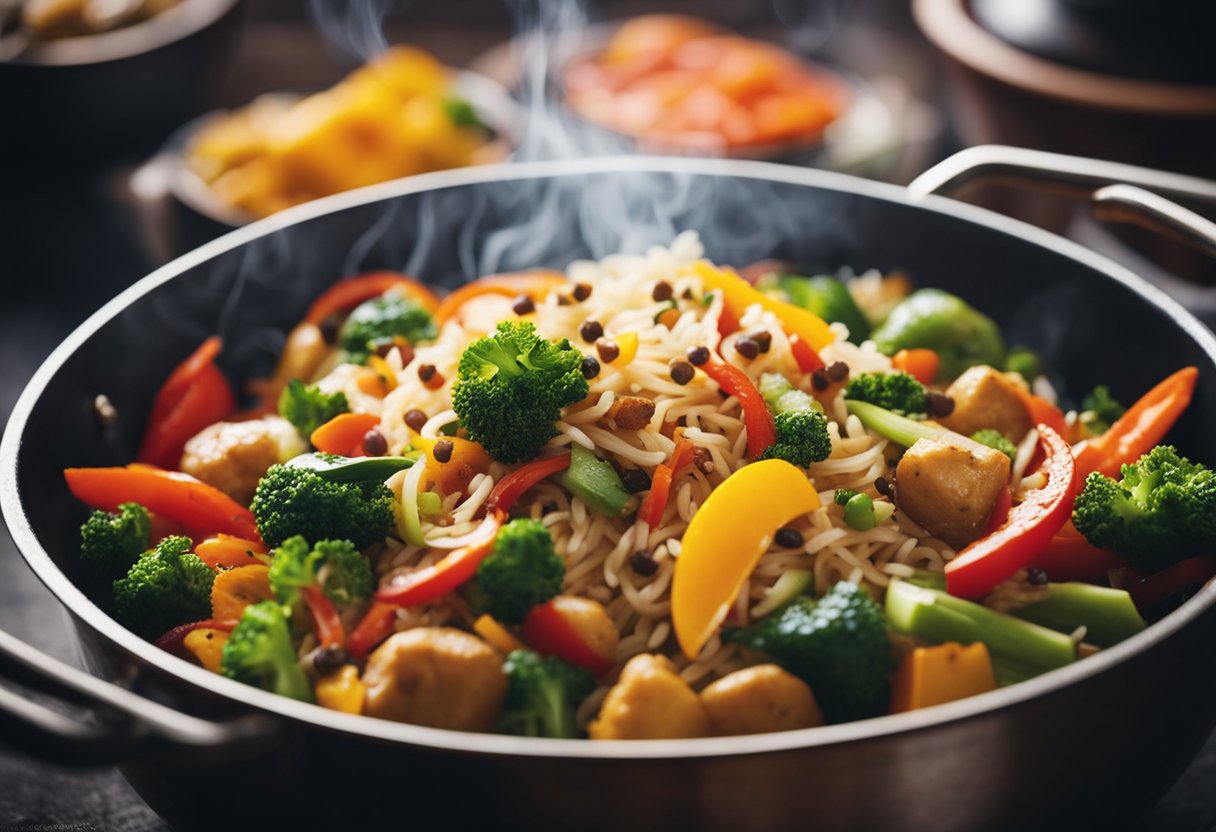 A sizzling wok stir-fries a colorful medley of Indian and Chinese spices, vegetables, and rice. Steam rises as the fragrant aroma fills the air