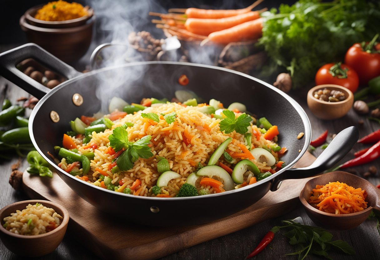A steaming wok sizzles with colorful Indian-Chinese fried rice, surrounded by vibrant spices and fresh vegetables