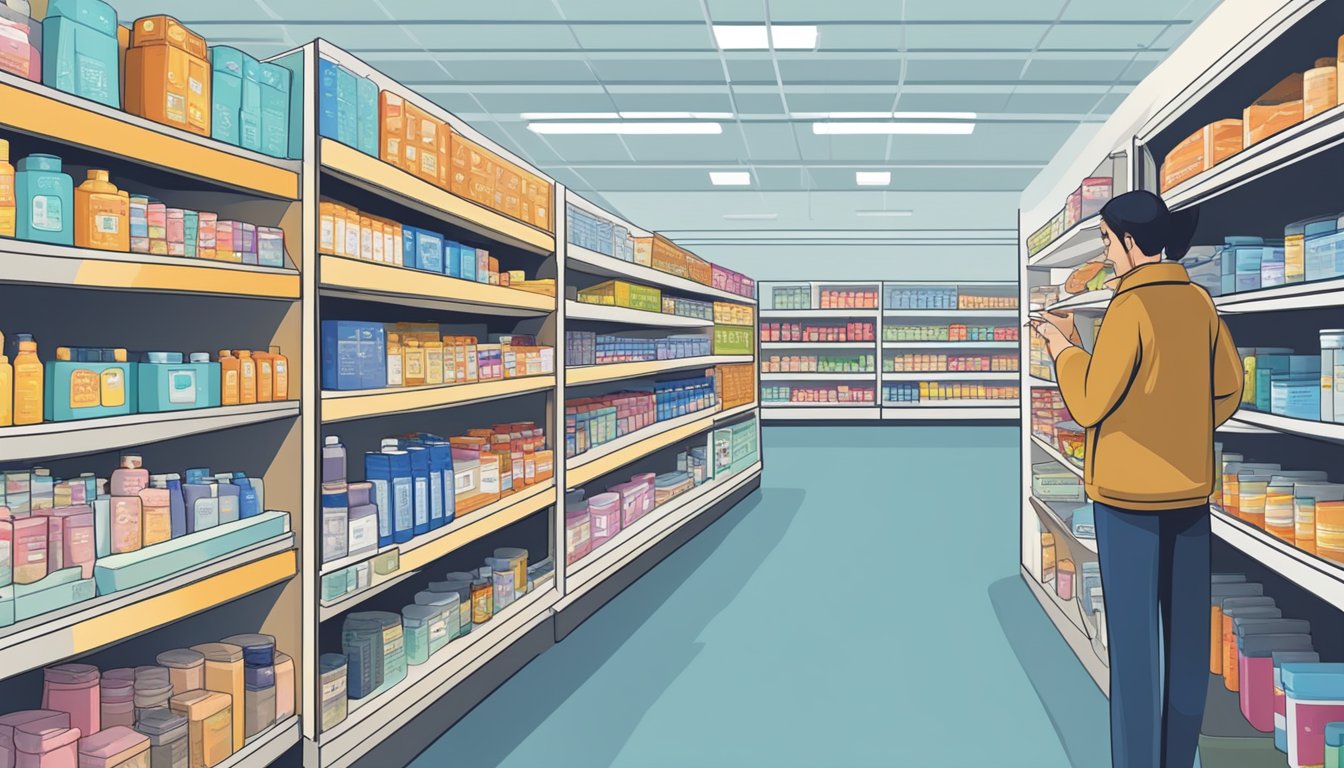 A customer browsing shelves of a pharmacy, selecting a heat pack from a variety of options
