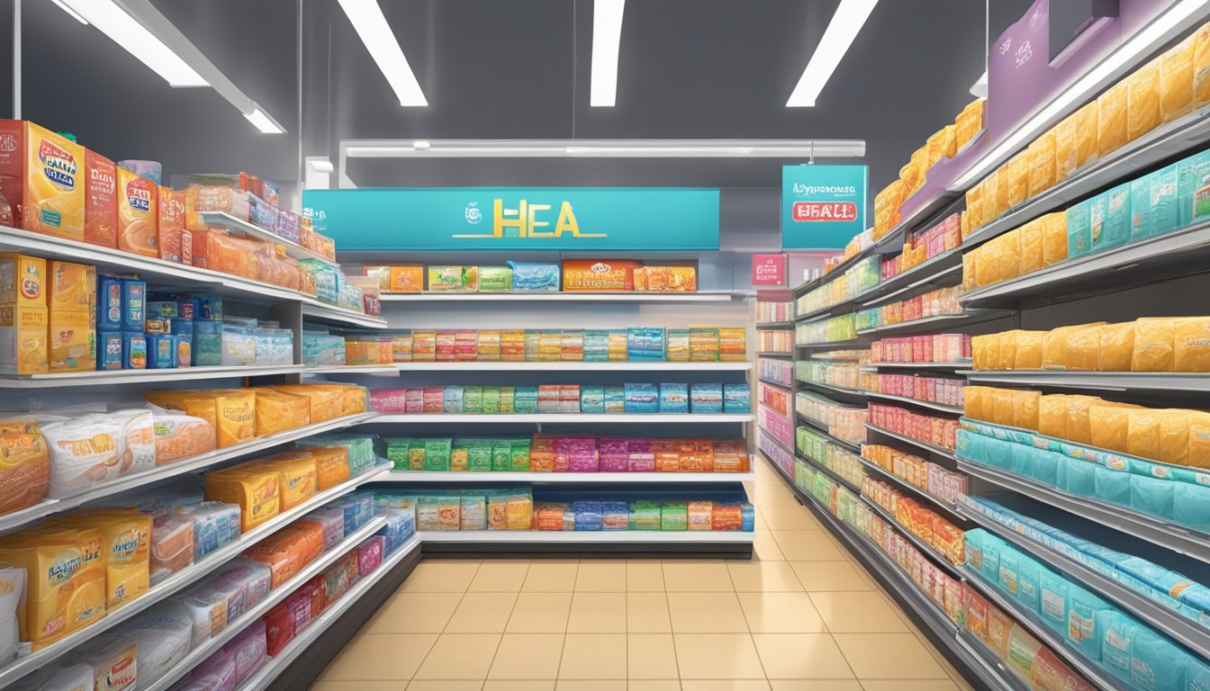 Various heat pack brands on shelves in a well-lit Singaporean retail store. Displayed products include different sizes and types of heat packs for sale