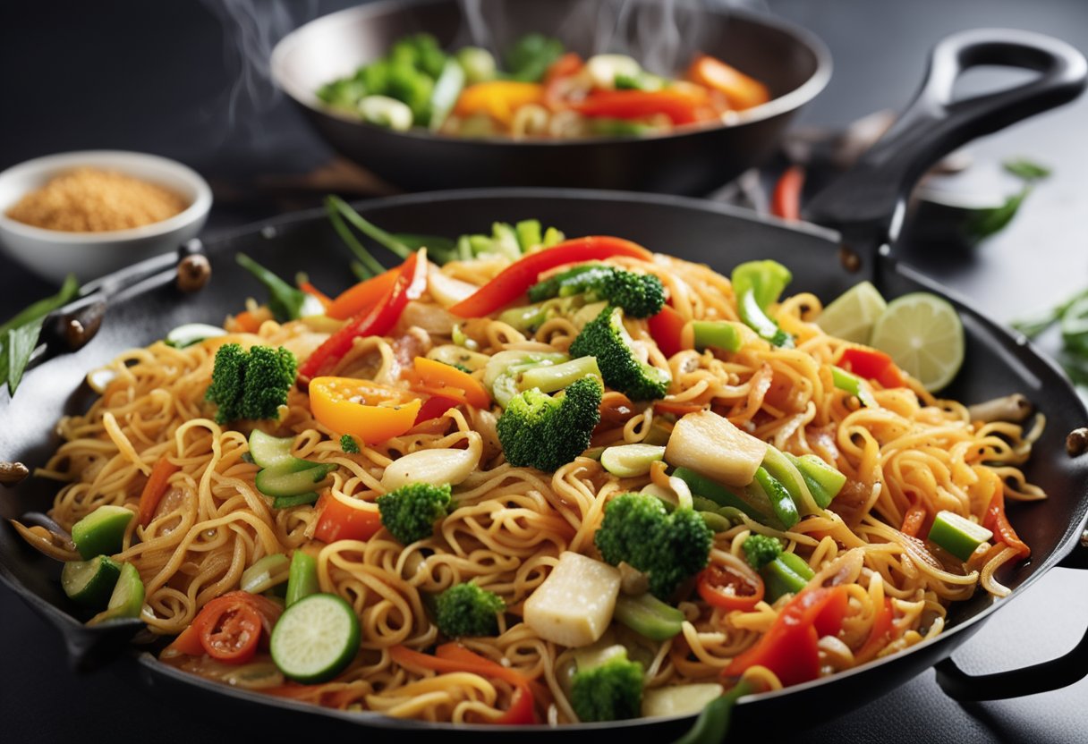 A wok sizzles with stir-fried Indian-Chinese noodles. A medley of colorful vegetables and aromatic spices fill the air