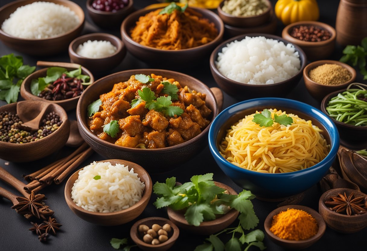 A table set with Indian and Chinese dishes, spices, and cooking utensils. A colorful mix of ingredients, such as curry, rice, noodles, and vegetables, displayed in a vibrant and inviting way