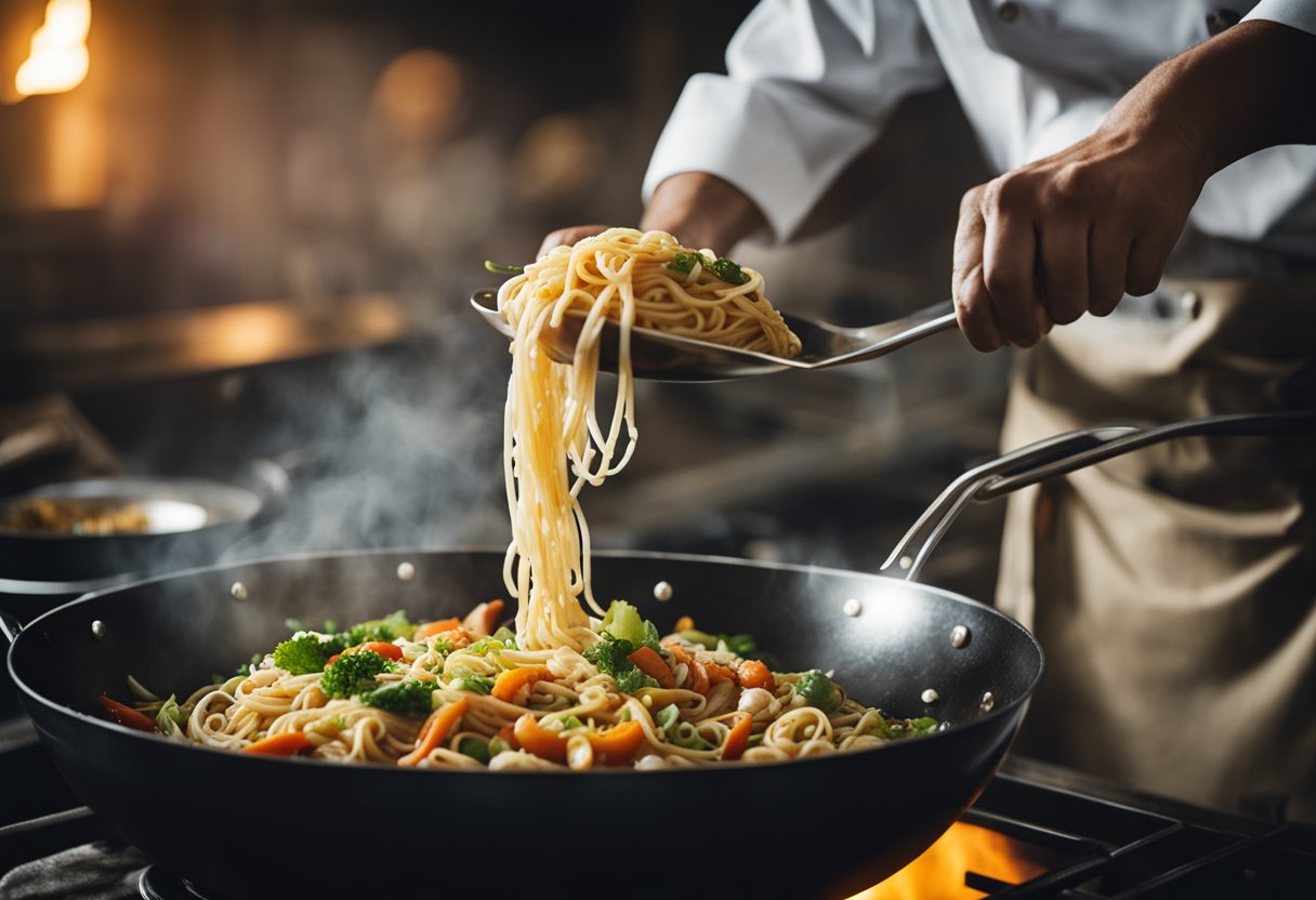 A chef stir-fries Indian Chinese noodles in a wok, adding spices and vegetables for a fusion dish