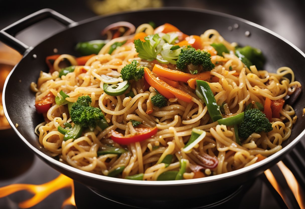 A wok sizzles with Indian-Chinese noodles, stir-fried with colorful vegetables, aromatic spices, and a drizzle of savory sauce