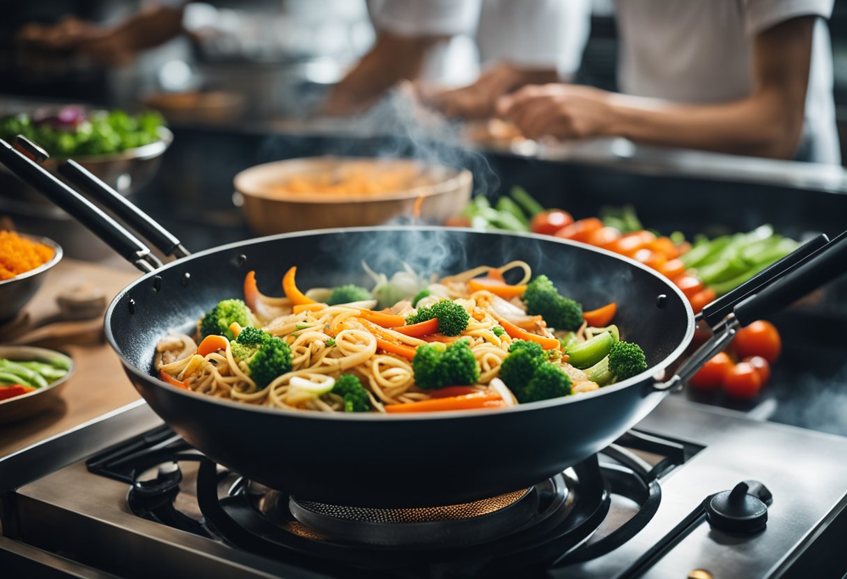 A wok sizzles with stir-frying noodles and vibrant vegetables, as steam rises and aromatic spices fill the air