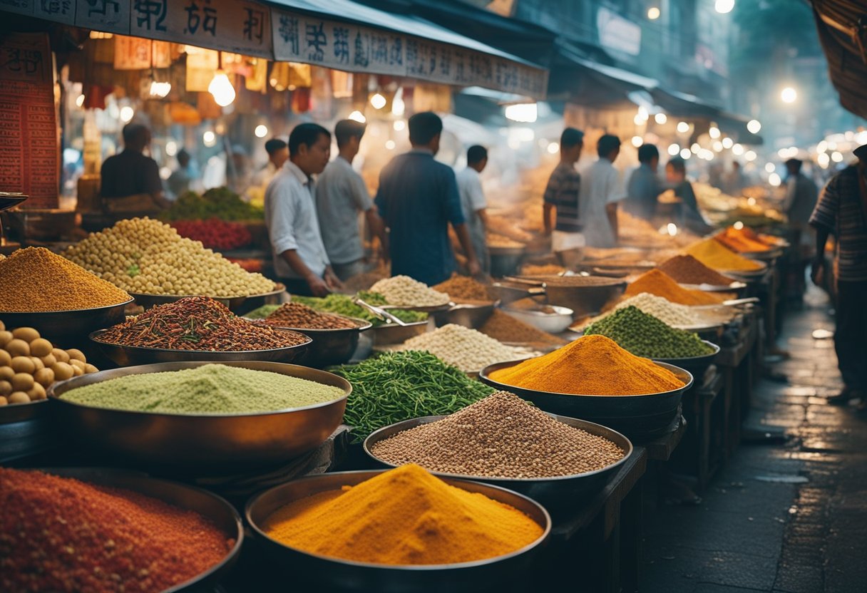 A bustling street market with vendors selling fragrant spices, colorful vegetables, and sizzling woks. A fusion of Indian and Chinese flavors fills the air