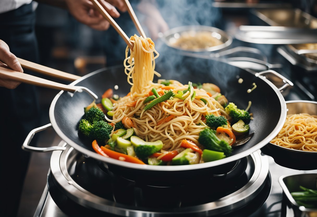 A wok sizzles with stir-fried vegetables and noodles. A chef adds Indian-Chinese spices, tossing and plating the steaming dish