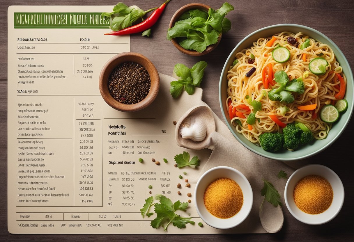 A bowl of Indian Chinese noodles with a colorful mix of vegetables and spices, accompanied by a small dish of nutritional information