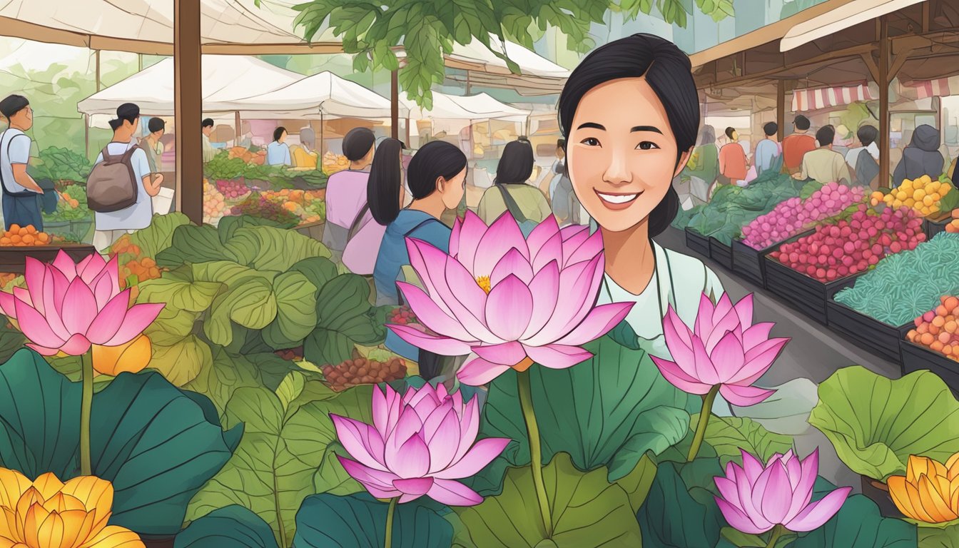A bustling outdoor market in Singapore, with vibrant colors and exotic plants on display. A vendor proudly showcases a beautiful lotus plant for sale