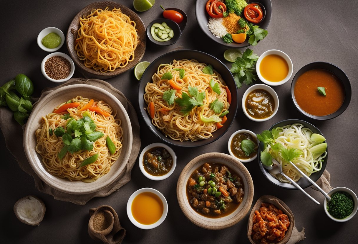 A steaming plate of Indian-Chinese noodles with colorful vegetables and savory sauce, surrounded by bowls of condiments and variations