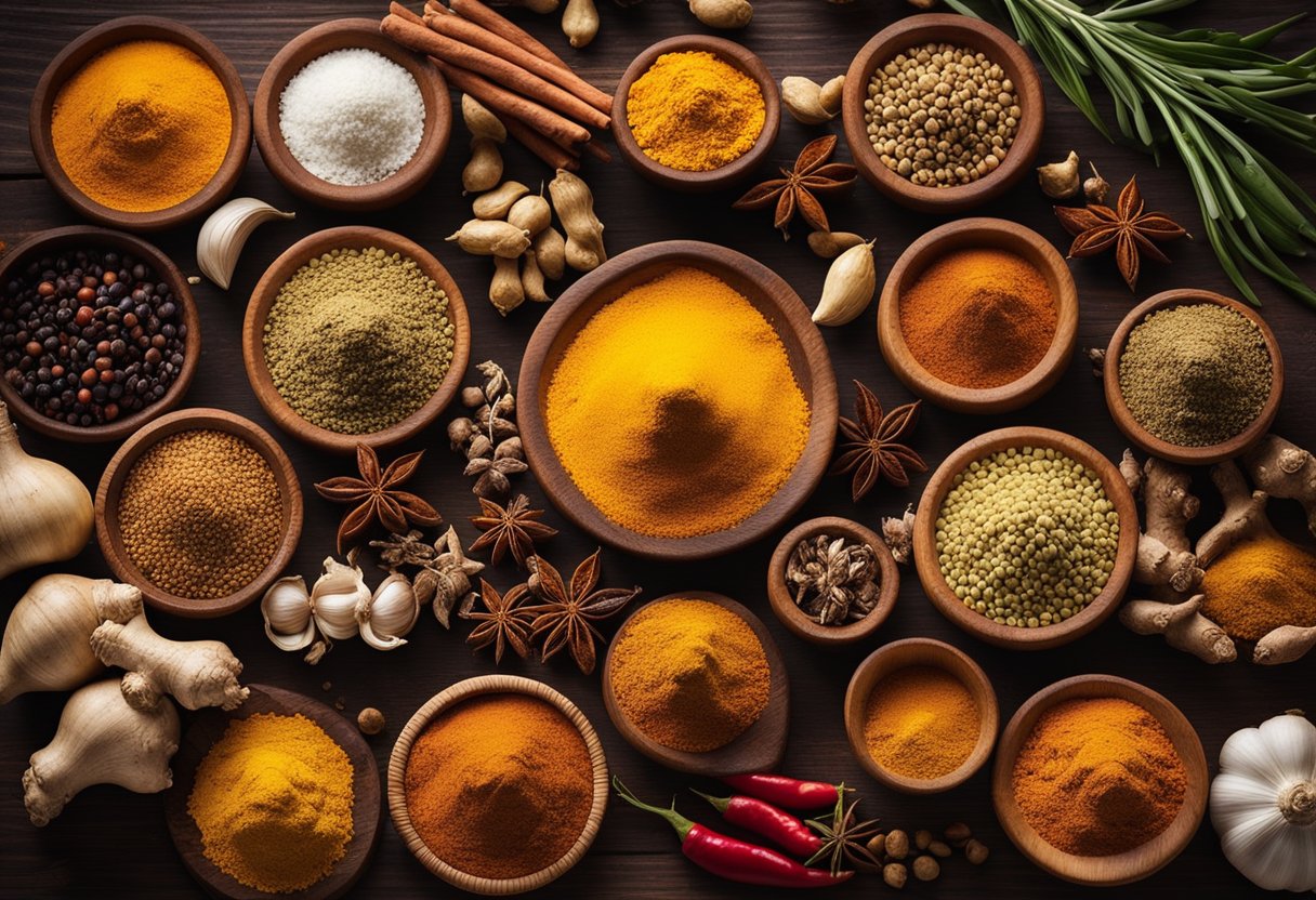 A variety of colorful spices and herbs are arranged neatly on a wooden cutting board, including ginger, garlic, turmeric, cumin, coriander, and red chili powder