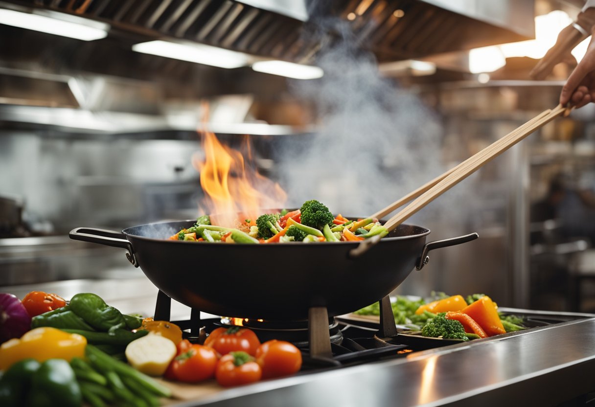 A sizzling wok tosses colorful veggies in a fragrant sauce, while spices and herbs fill the air in a bustling kitchen