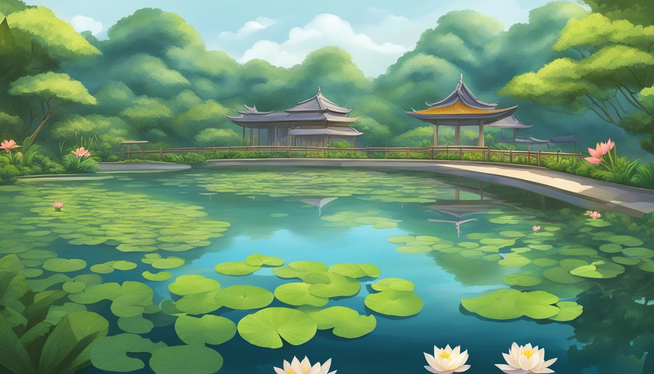 A serene pond in Singapore, with vibrant lotus plants floating on the water's surface. Surrounding the pond are lush greenery and a peaceful atmosphere