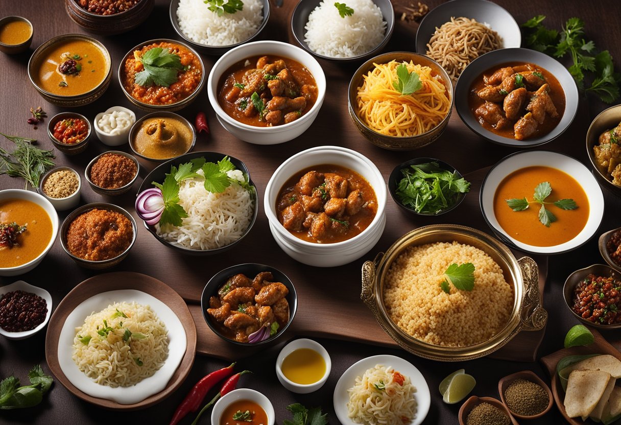 An array of Indian and Chinese non-vegetarian dishes spread out on a table, showcasing the vibrant colors and aromatic spices of the cuisine