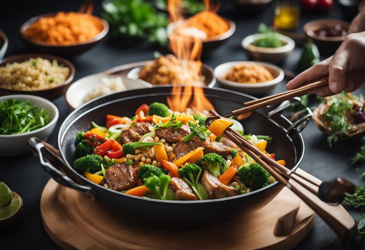 Sizzling wok, tossing colorful veggies, aromatic spices, and succulent meats. Artfully plated dishes, garnished with fresh herbs and vibrant sauces