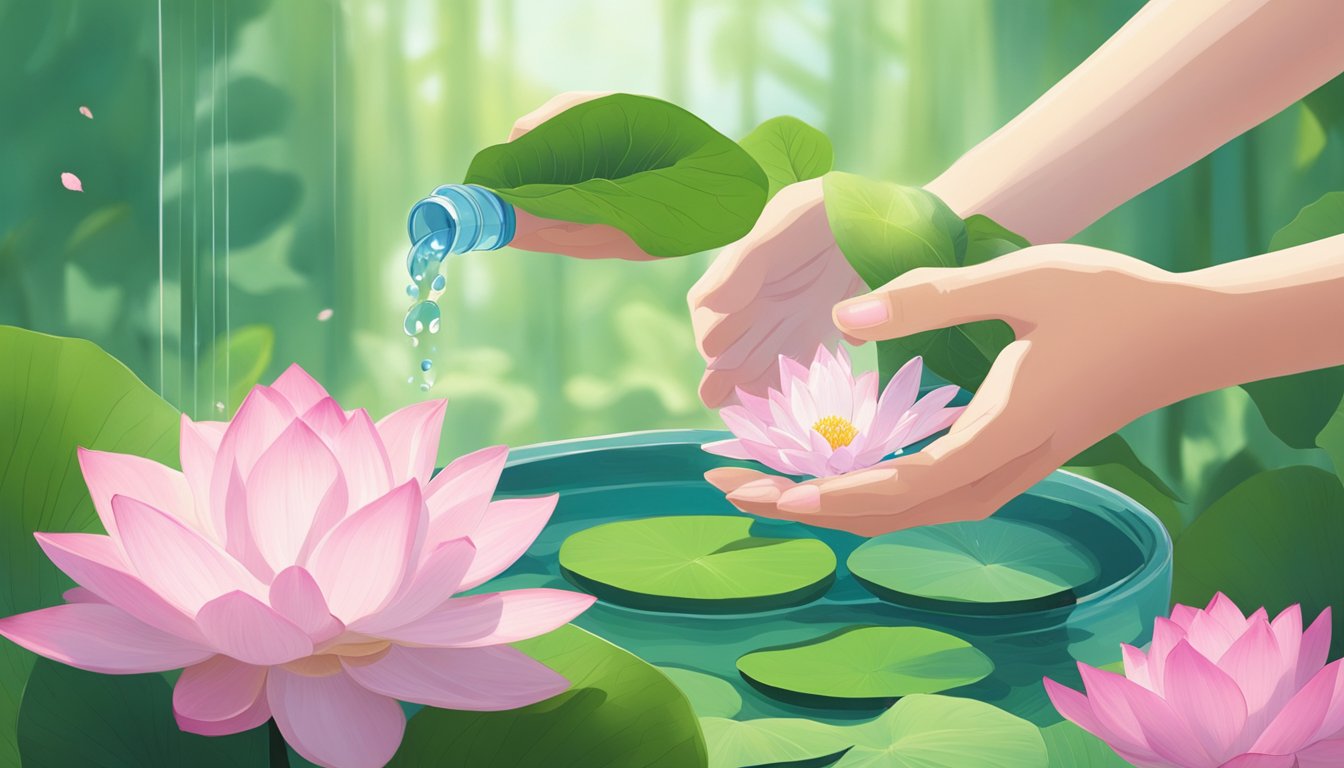 A hand pours water into a shallow container holding a lotus plant, placed in a sunny location. The plant's vibrant green leaves and delicate pink flowers are surrounded by a serene and peaceful atmosphere