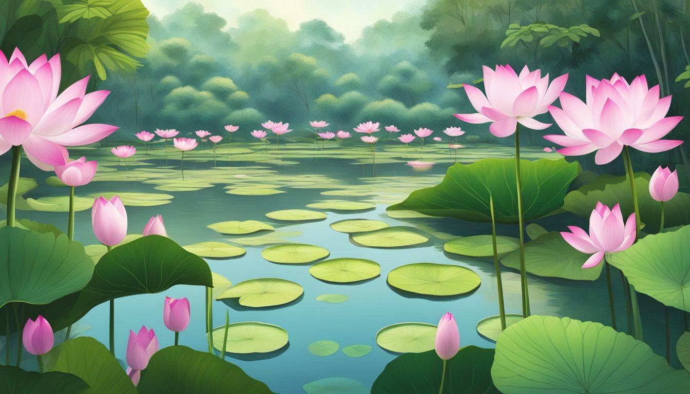 A serene lotus pond in Singapore, with vibrant pink and white blooms, surrounded by lush green foliage and a peaceful atmosphere