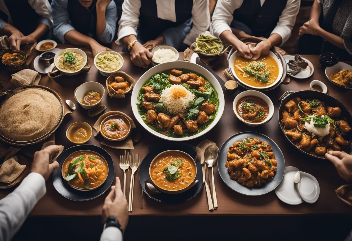 A table with a variety of Indian and Chinese dishes, surrounded by curious onlookers seeking answers to their culinary questions