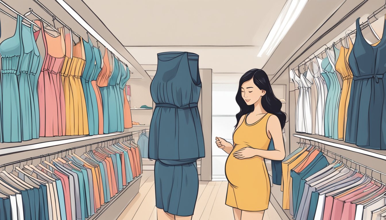 A woman browsing through racks of maternity swimsuits at a boutique in Singapore, carefully examining the styles and sizes available