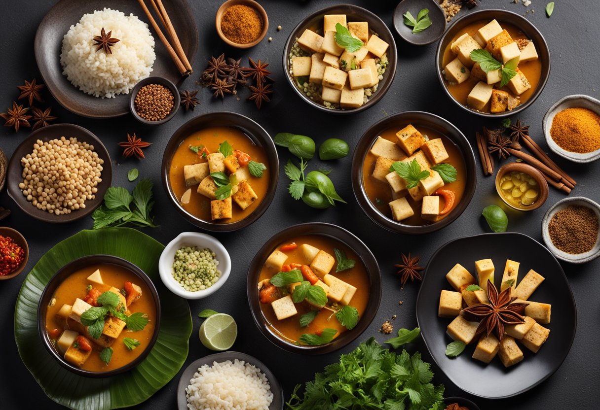 A table with colorful Indian and Chinese tofu dishes, surrounded by aromatic spices and herbs