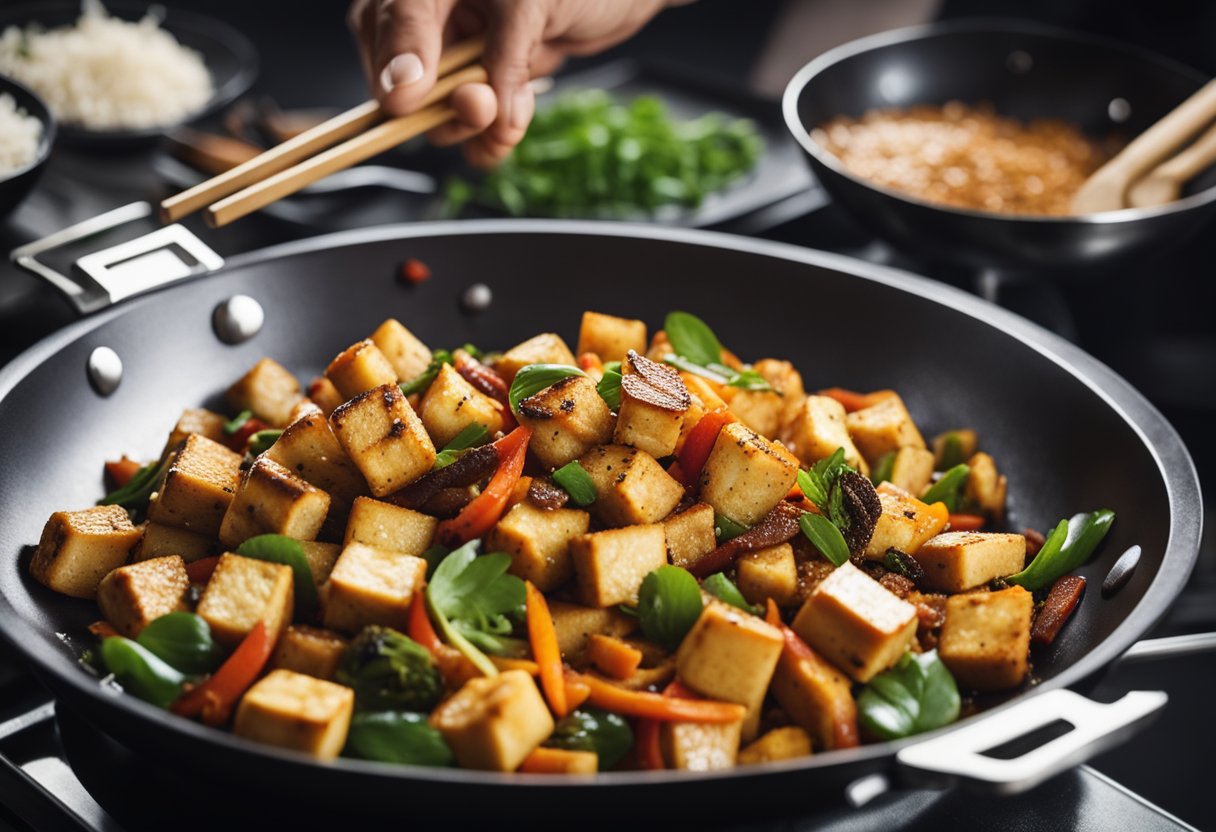 A chef stir-fries tofu with vibrant Indian Chinese spices in a sizzling wok, creating a fusion of flavors