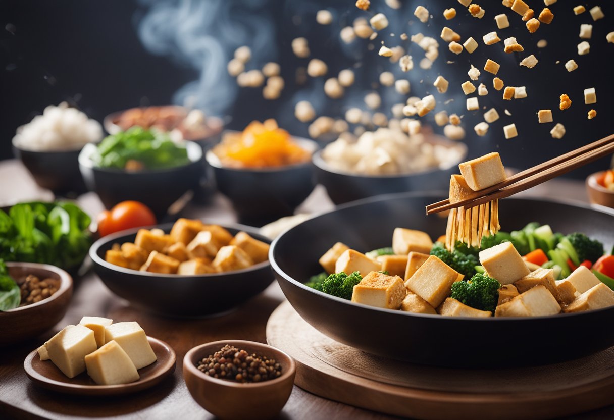 A sizzling wok tosses cubes of tofu with vibrant Indian Chinese spices, surrounded by bowls of ginger, garlic, and colorful vegetables