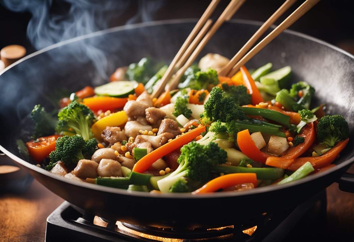 A steaming wok sizzles with vibrant vegetables and aromatic spices, while a delicate mix of Indian and Chinese ingredients fills the air with a tantalizing aroma