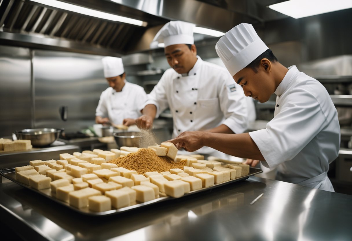 A chef is expertly slicing tofu and blending it with Indian and Chinese spices in a bustling kitchen