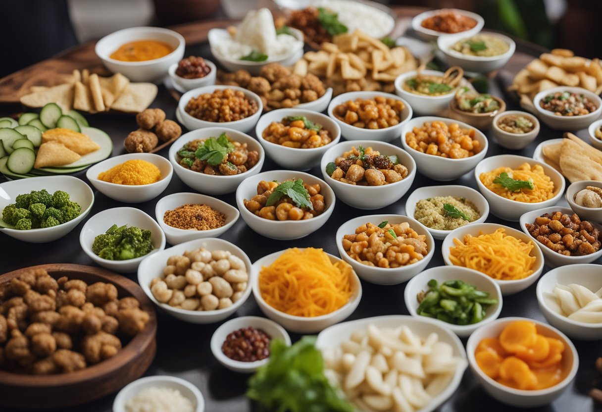 A colorful spread of Indian and Chinese vegetarian starters and snacks arranged on a table, showcasing a variety of flavors, textures, and spices