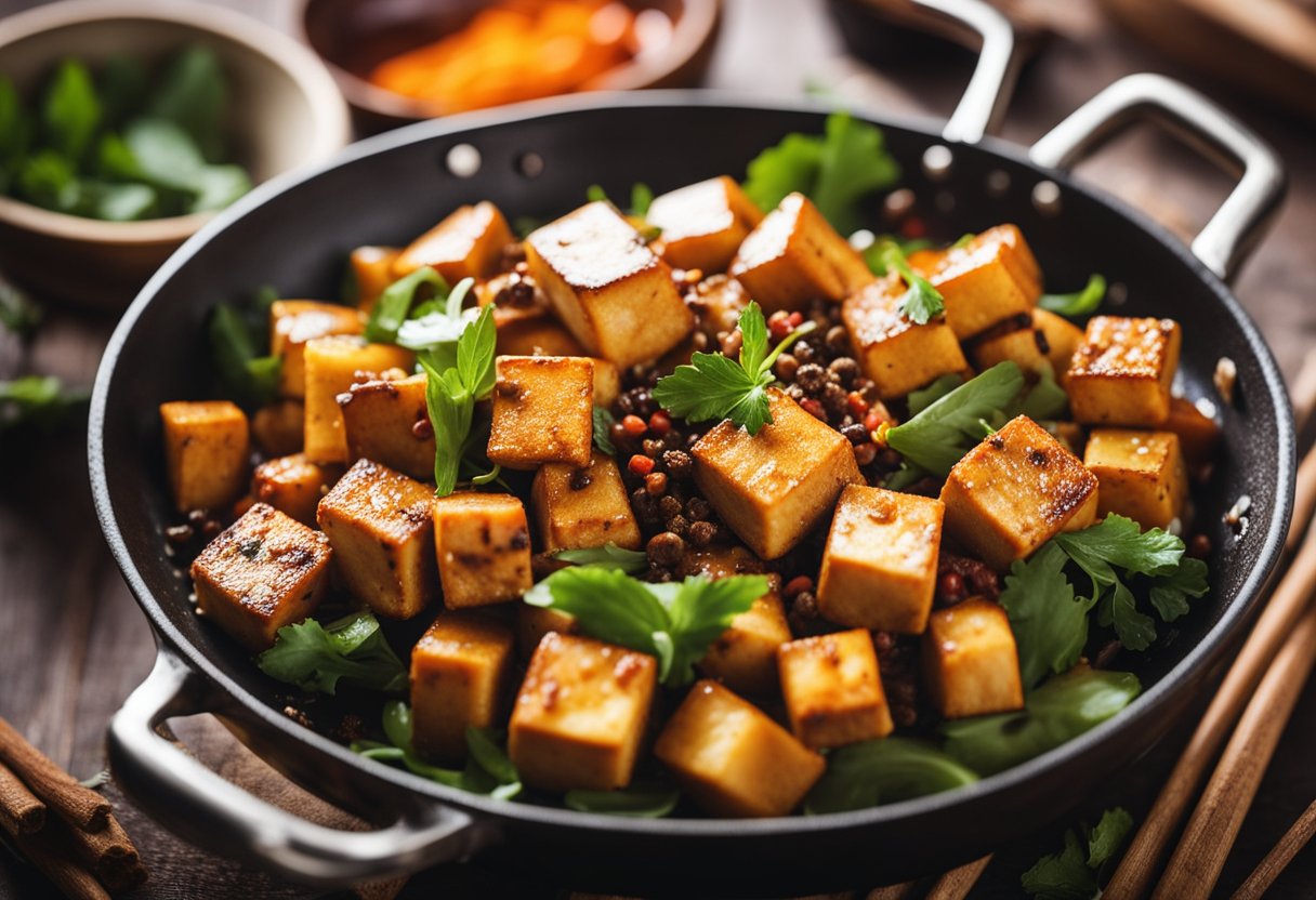 A sizzling wok stir-frying tofu with vibrant Indian and Chinese spices