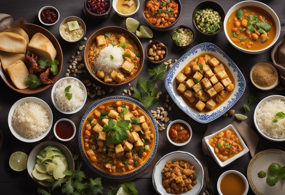 A table set with colorful Indian and Chinese side dishes, including tofu recipes, arranged in an inviting display