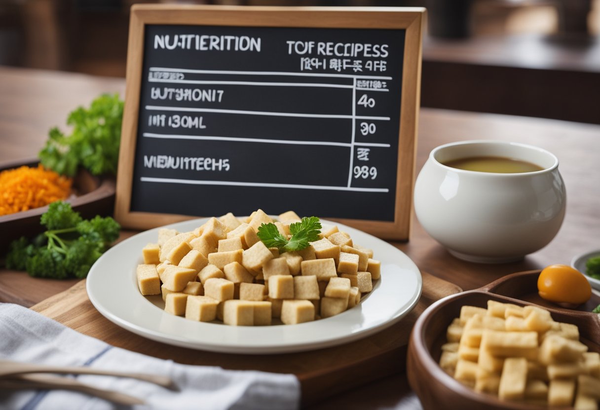 A table displaying nutritional info for Indian-Chinese tofu recipes, with dietary adjustments written on a chalkboard nearby