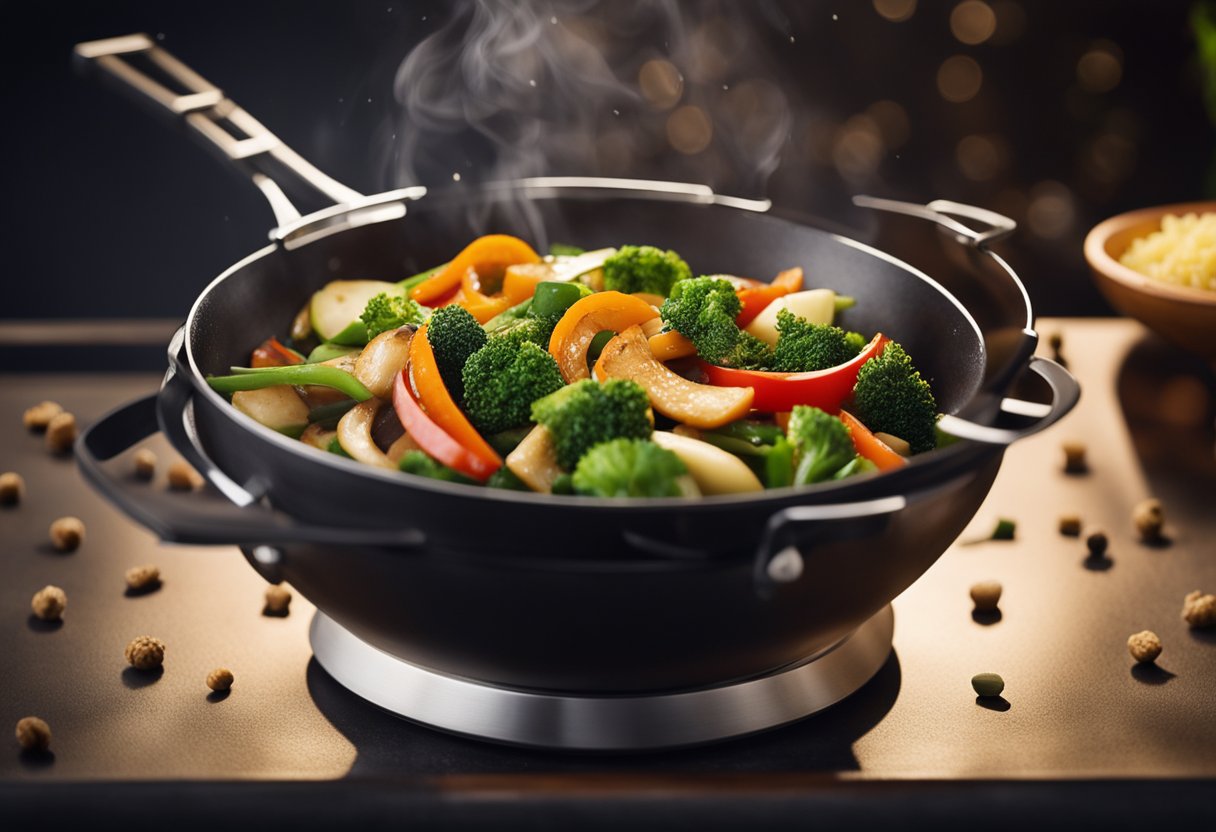 A wok sizzles with stir-fried veggies and aromatic spices. A chef adds a splash of soy sauce, creating a flavorful fusion dish
