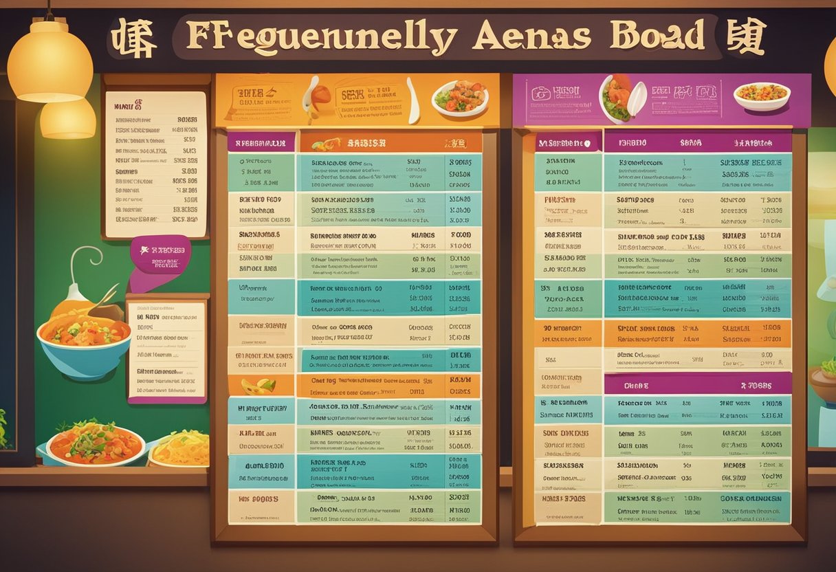 A colorful menu board displaying "Frequently Asked Questions: Indian, Chinese, Vegetarian Recipes" with vibrant illustrations of various dishes